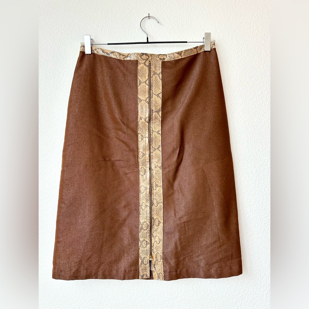 Brandenburg Brown & Snake Print Adjustable Front Zip Slit Midi Pencil Skirt L